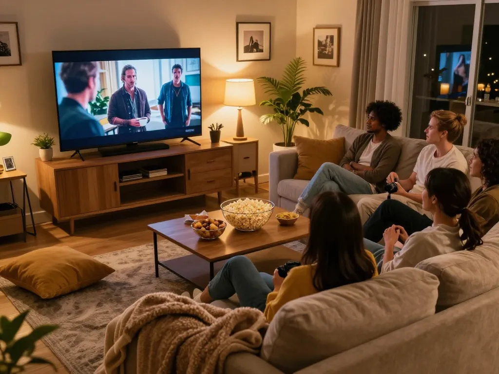 Binge Guide scene featuring friends enjoying a cozy movie night while watching popular TV shows