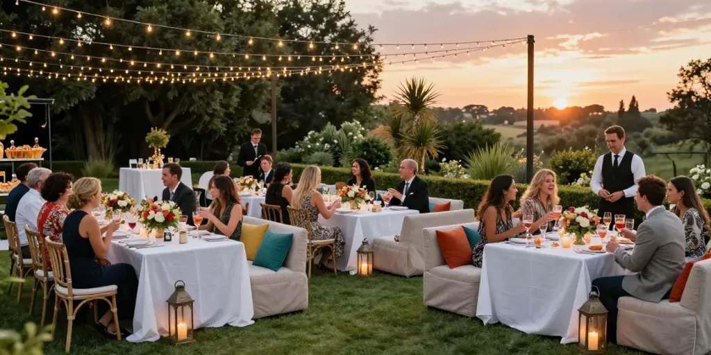 Event furniture rental at an elegant outdoor gathering with premium seating and decor.