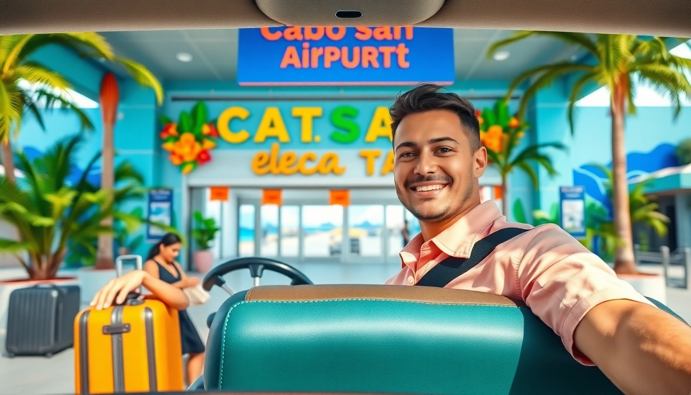 Cabo airport transportation service welcoming travelers at the airport with tropical decor.