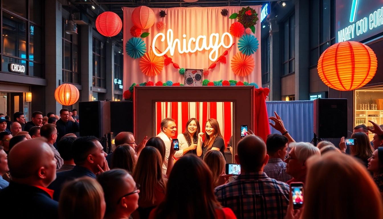 Guests enjoying a photo booth chicago experience during a lively event.