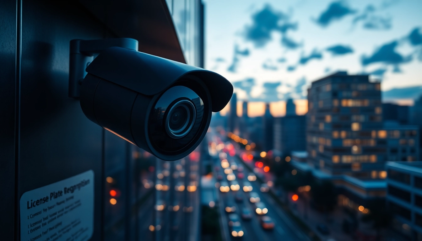 Capture of a license plate recognition camera monitoring urban traffic at dusk.