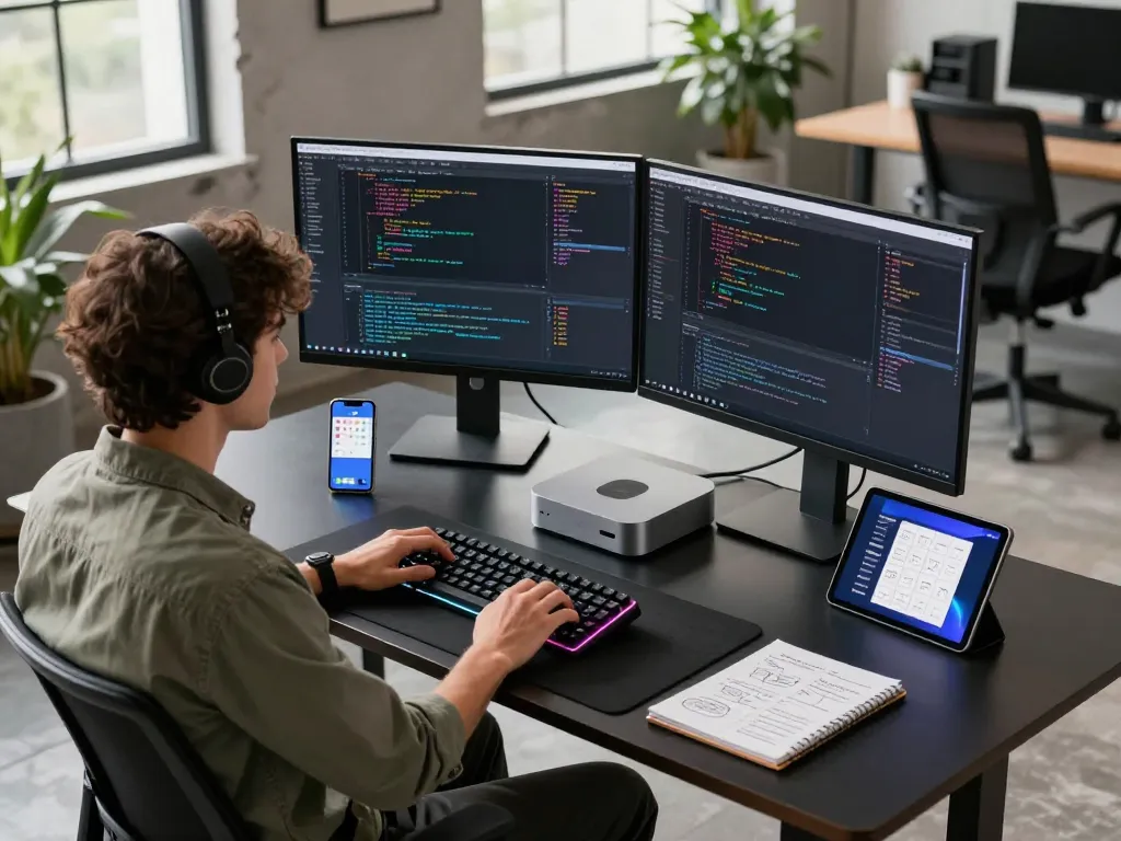 Developer working with a Mac mini in a modern workspace filled with coding monitors, tech gadgets, and natural light.