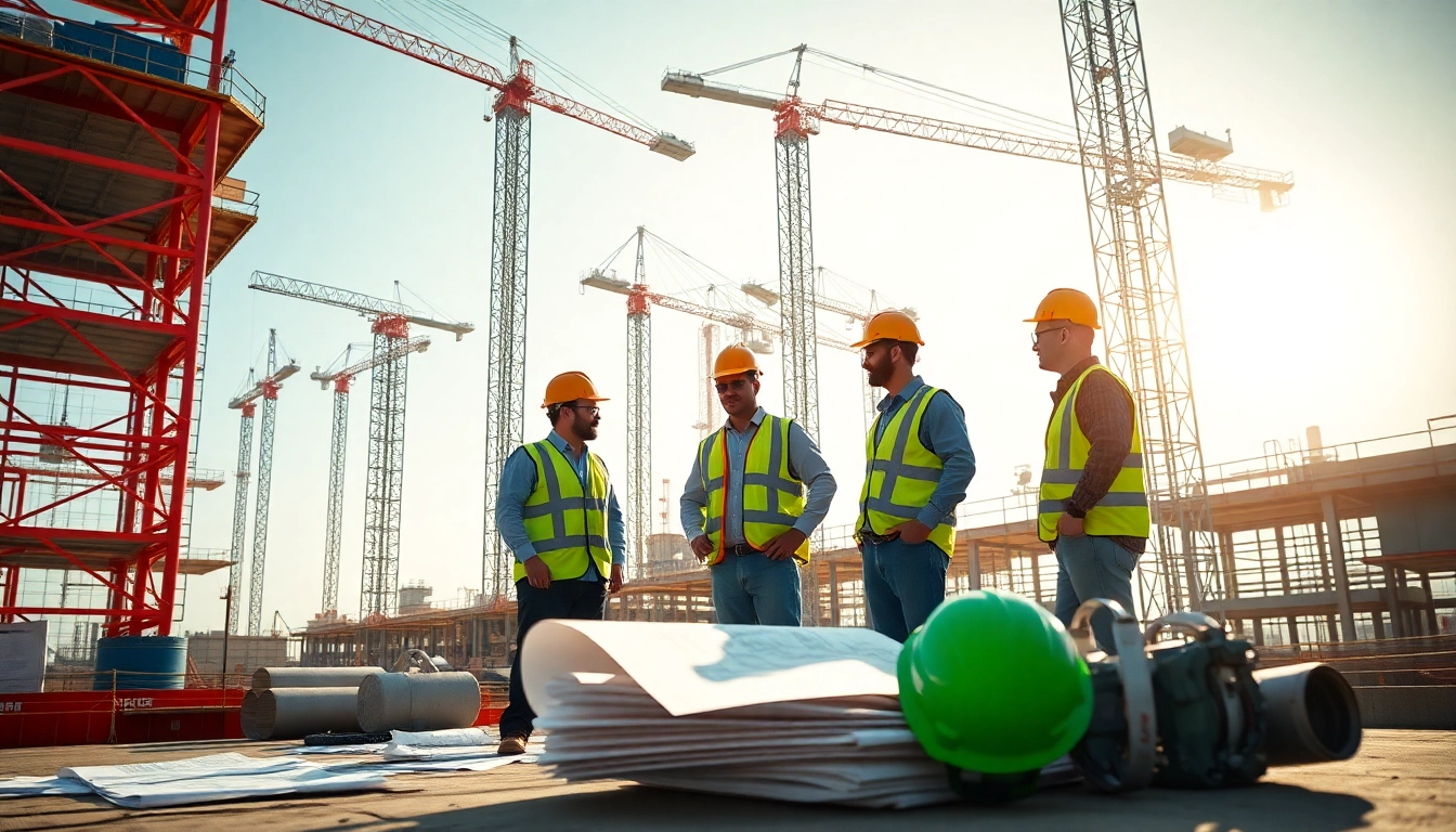 Construction workers collaborating on a site with cranes and blueprints.