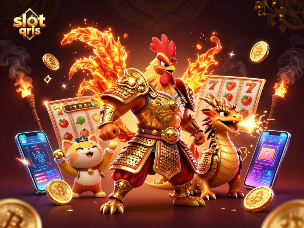 Permainan slot qris dengan simbol slot dan karakter petarung di latar belakang penuh tajuk emas.
