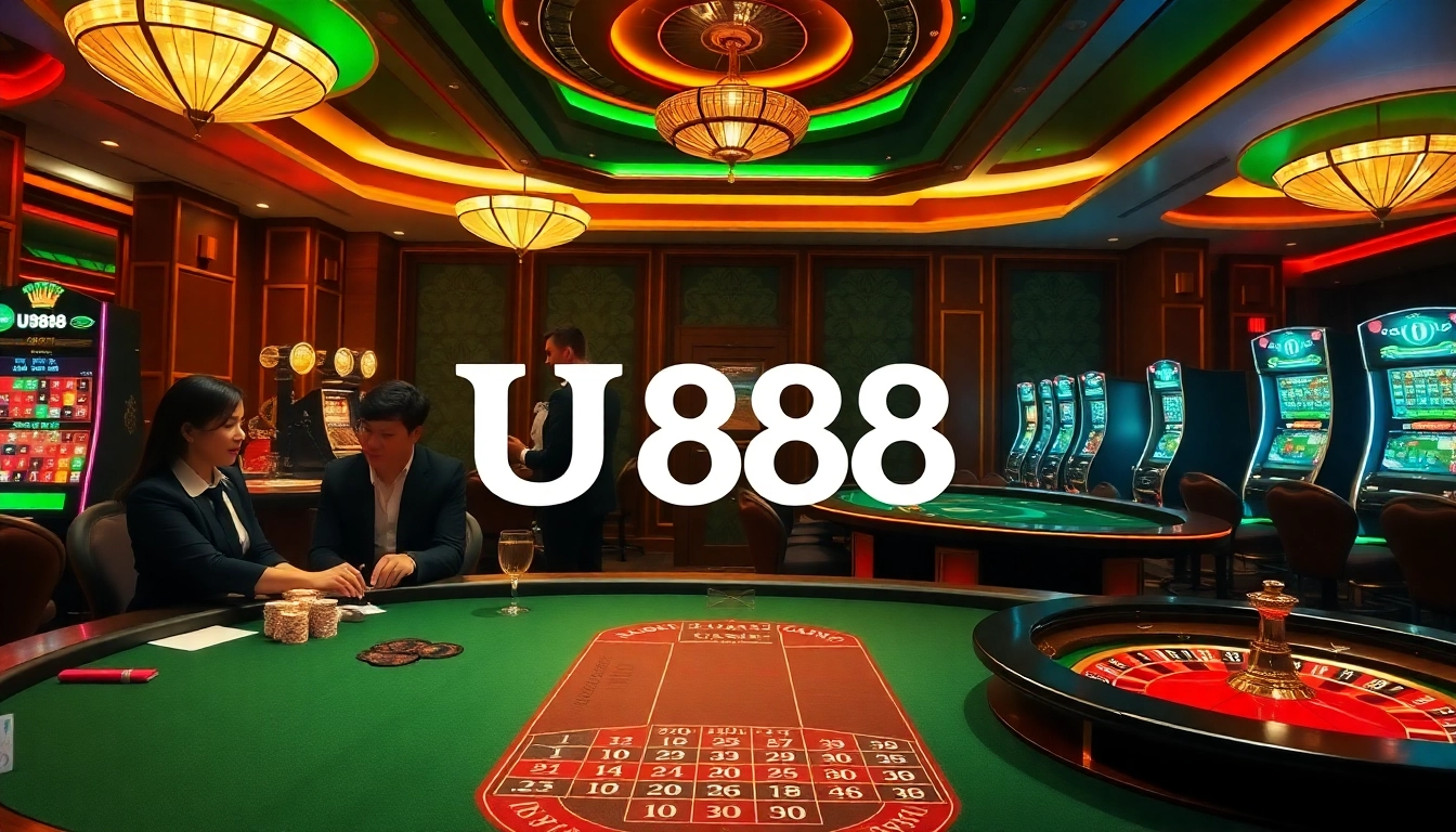 U888 professional gamblers engaging at a luxurious casino table with chips and cards.