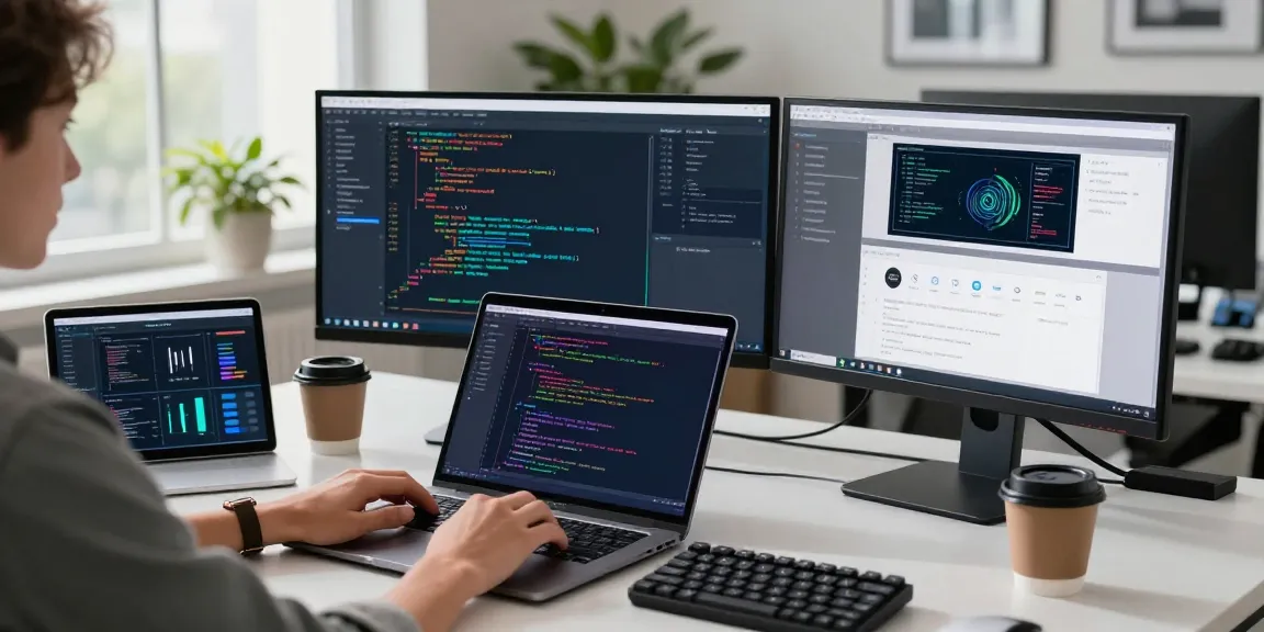 Professional workspace scene at 纸飞机官网, featuring a developer coding on multiple screens.