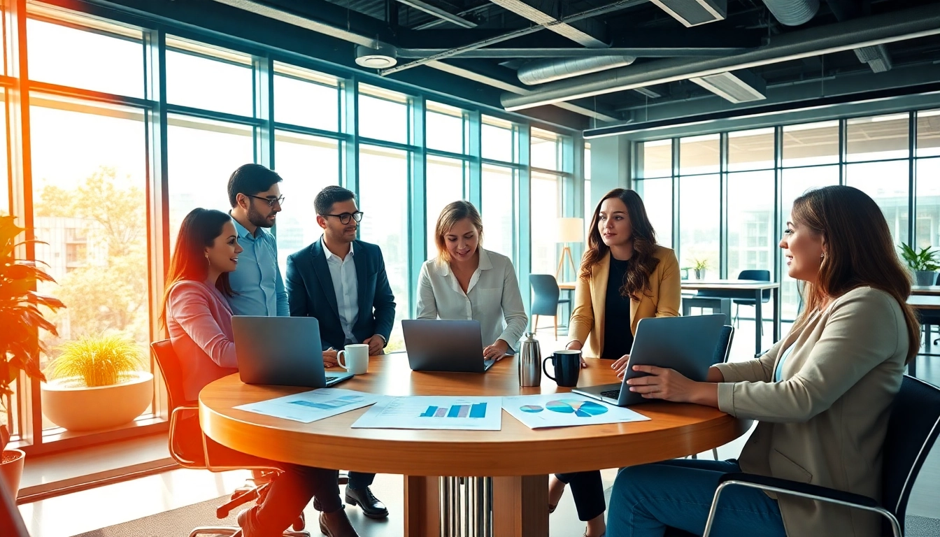 Teamwork on sales staffing platforms in a bright, modern office setting.