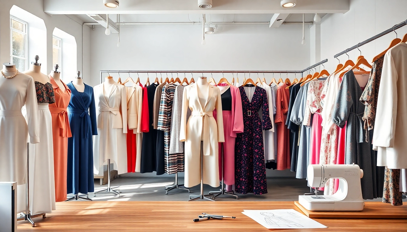 Showcase of stylish garments by a Women’s Clothing Manufacturer in a bright showroom.