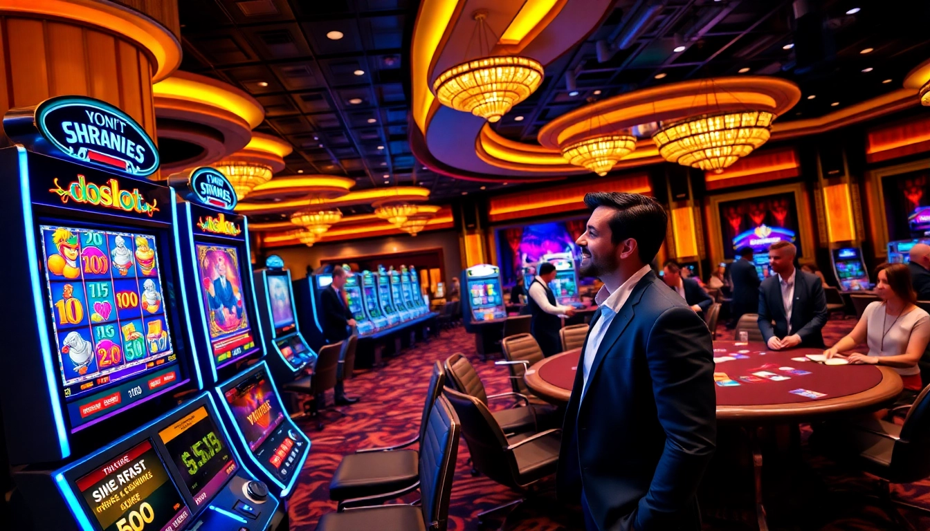Excited gambler playing the doaslot video slot amidst a vibrant casino atmosphere.