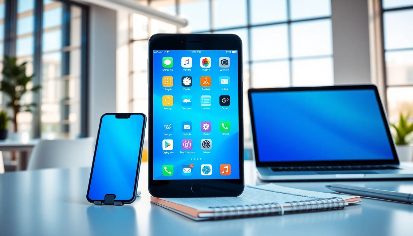Showcasing mobile apps on various devices in a modern workspace