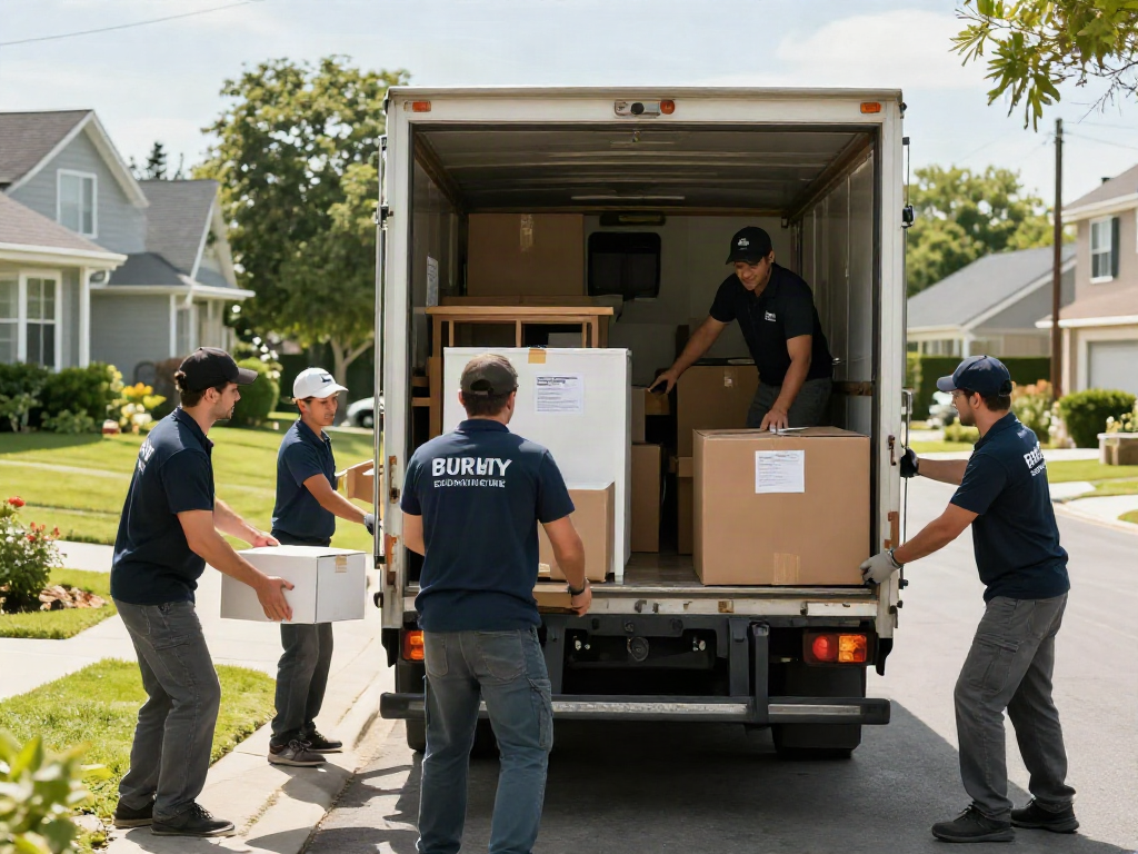 Movers professionally packing boxes and loading a truck during a home relocation.