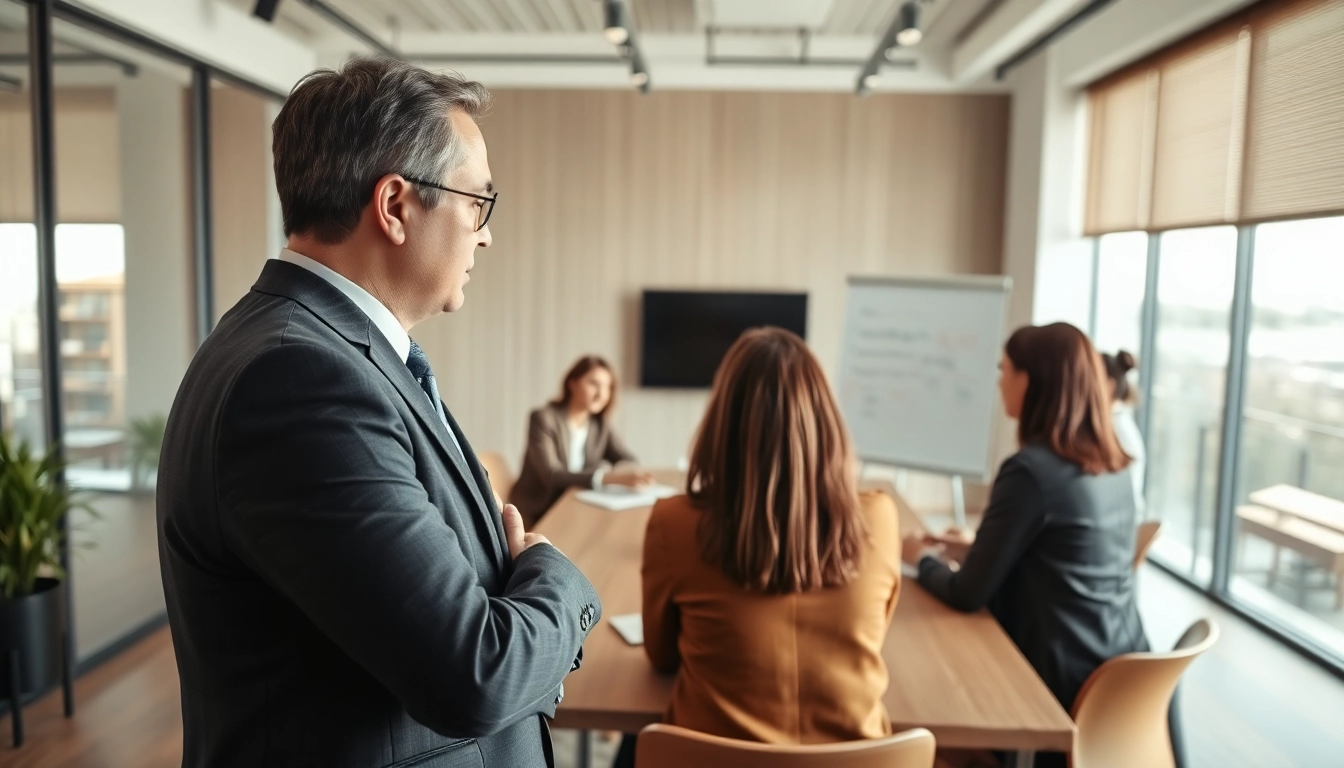 Experienced business coach near me facilitating a group workshop in a bright office.