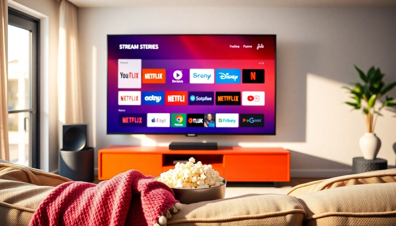 Explore streaming services on a large TV in a cozy living room setup.