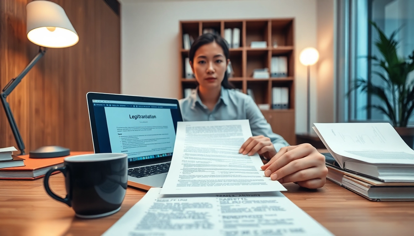Traducteur anglais certifié examinant des documents juridiques sur un bureau bien organisé.