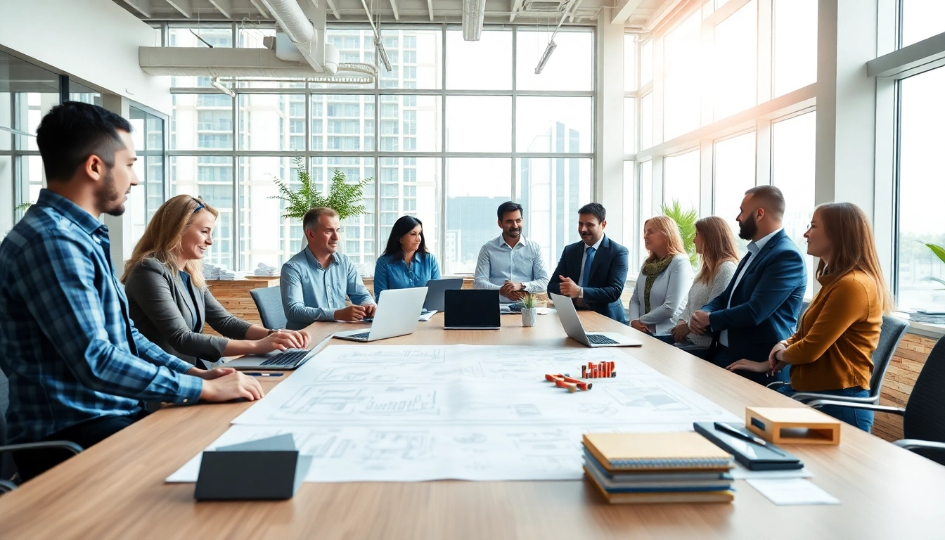 Members of a construction association collaborating on plans in a professional setting.