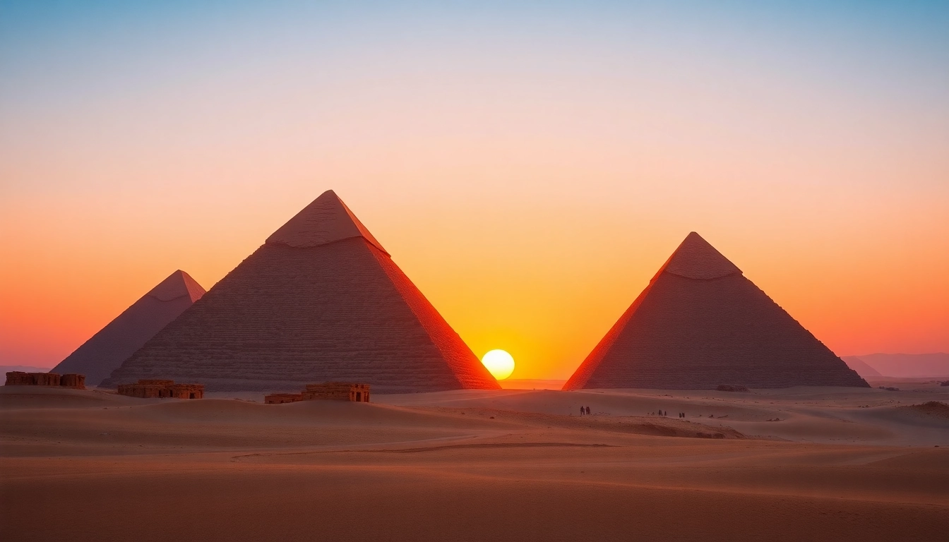 Explore the majestic Giza piraminds bathed in the golden light of dawn, reflecting their beauty and history.