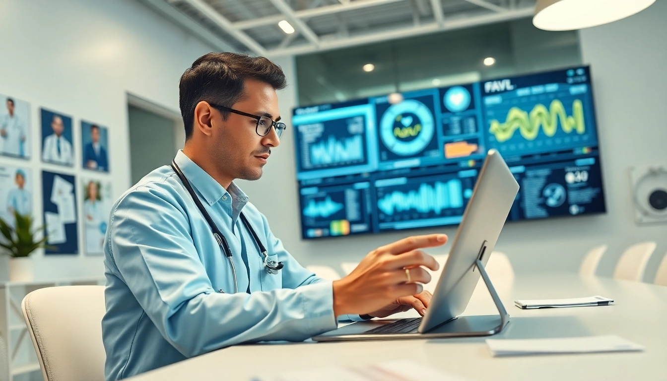 Innovative healthcare professional at trevia.com examining digital health technologies in a modern workspace.