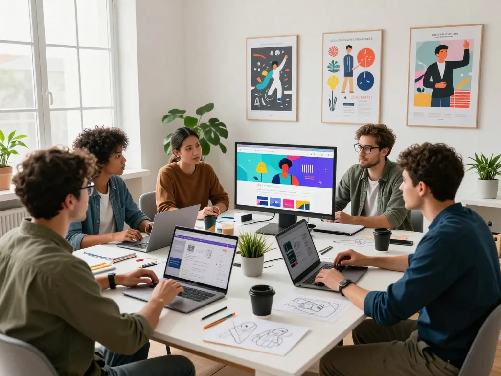 Freelance web designers collaborating in a modern workspace, embodying the essence of a website designer near me.