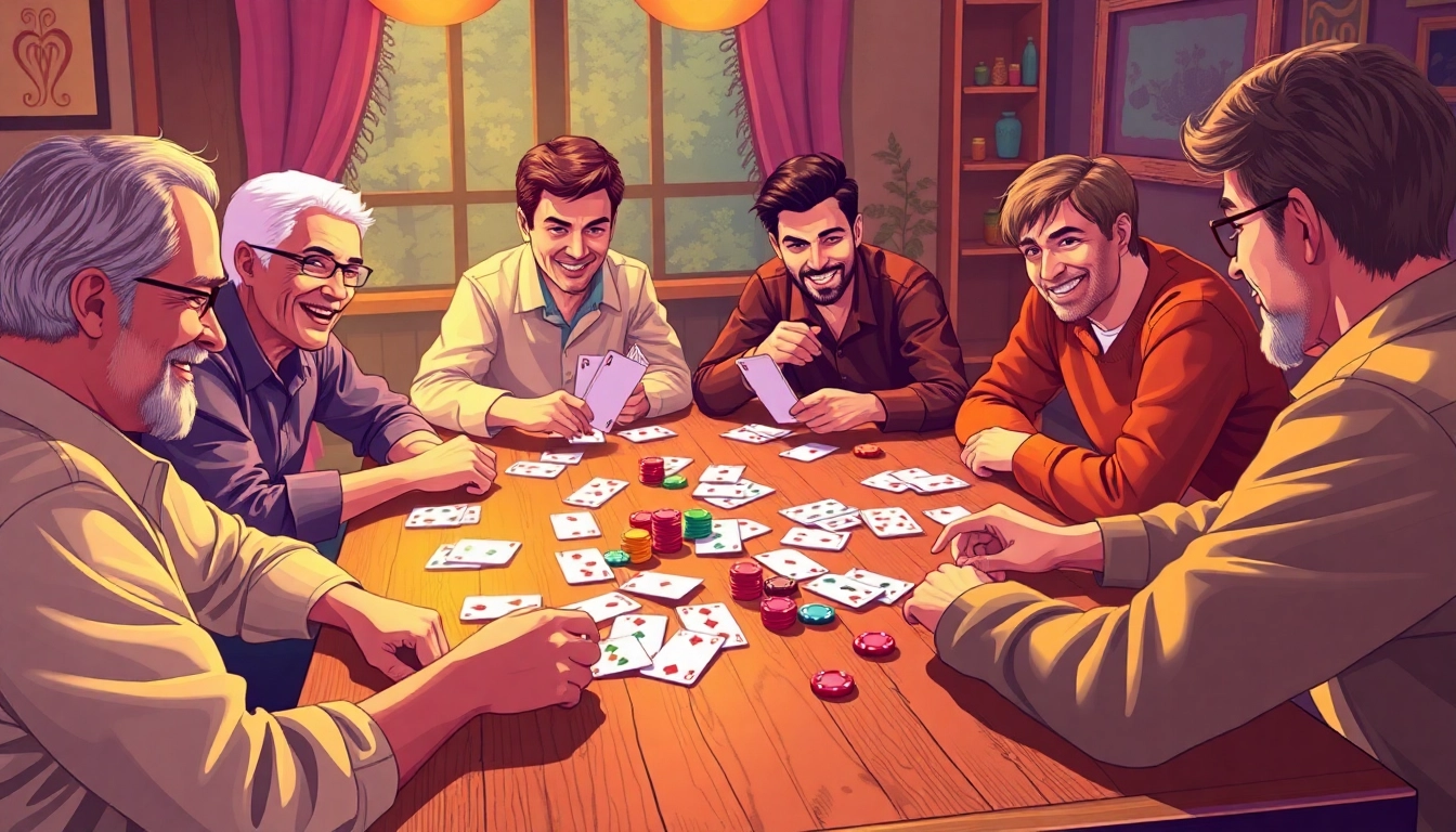 Engaging players focus on their moves in a lively game of Rummy nabob with colorful cards and chips.
