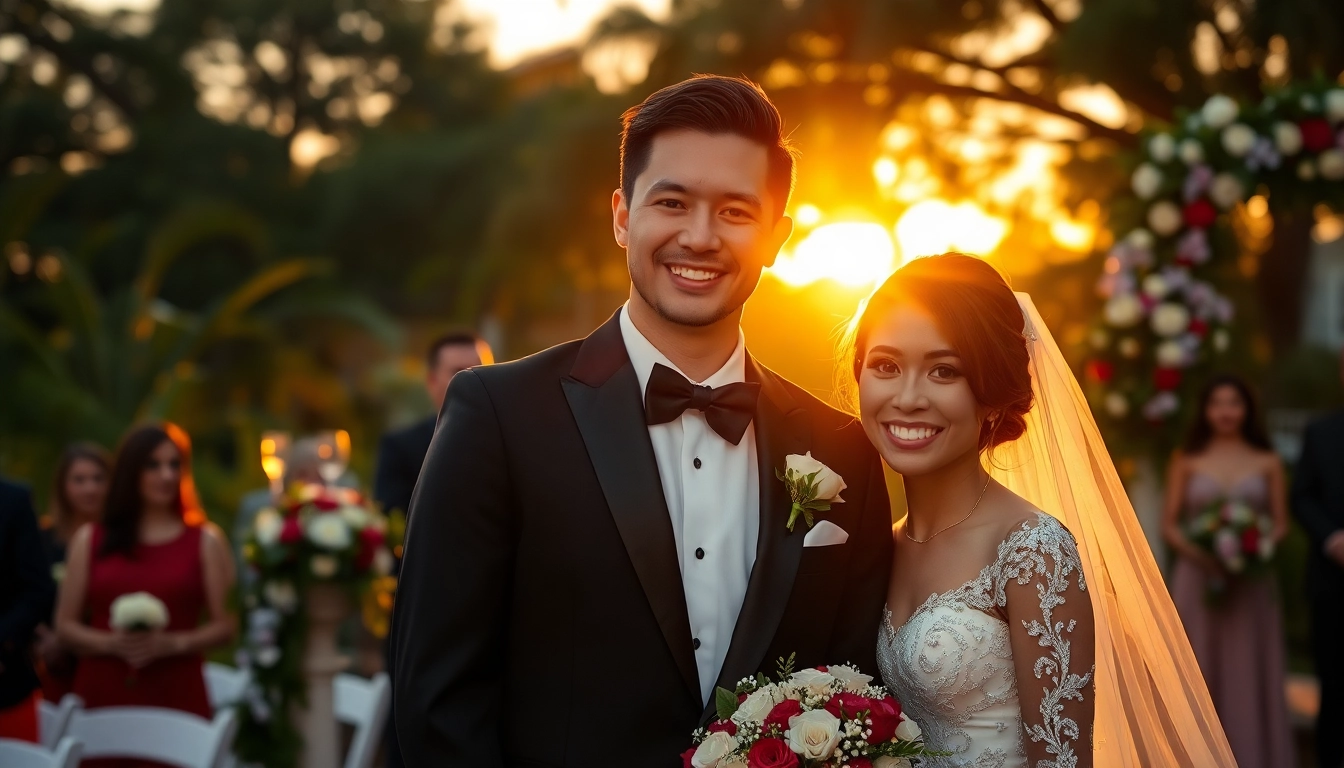 Tampa FL wedding photographers capturing a joyful couple during sunset wedding ceremony.