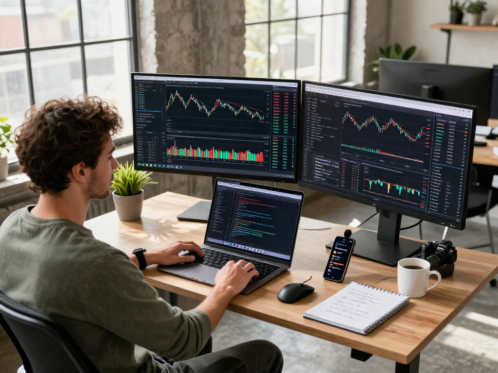 Developer utilizing HK quant trading stock API in a modern workspace with multiple monitors and stock data.