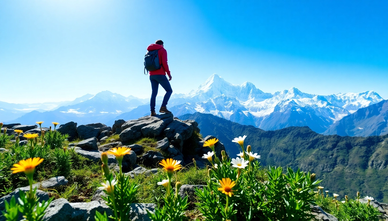 Hiker admiring breathtaking views of the Goechala trek landscape with Kangchenjunga in sight.