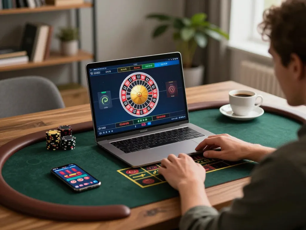 Engaging in a live roulette game using laptop while exploring the 789win link mới for better odds