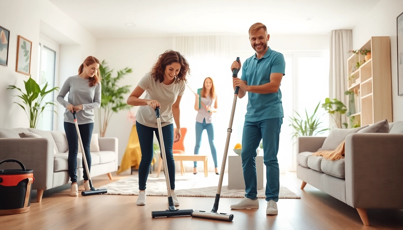 Cleaning service team effectively tidying a modern home environment.