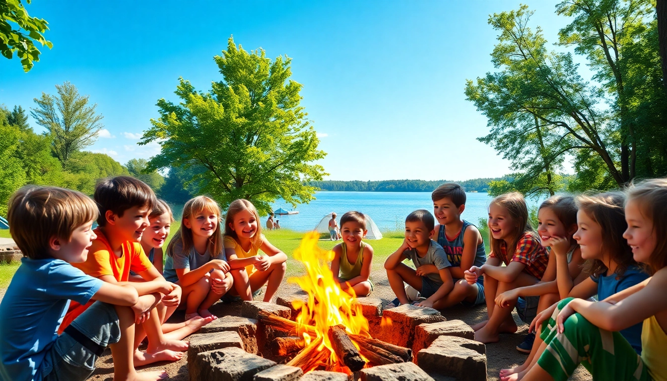 Children enjoying activities at residential summer camps, highlighting a campfire gathering.