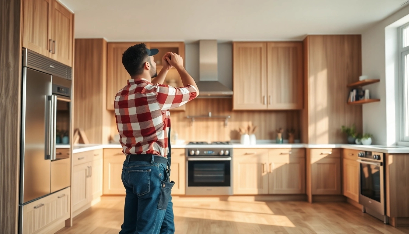 Transform the kitchen space through a professional home renovation showcasing a contractor at work.