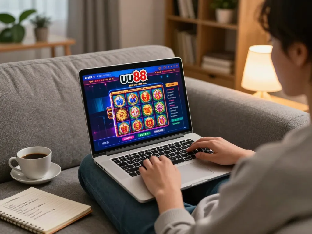 Player engaging with uu88 net online casino on laptop, surrounded by betting strategy notes in cozy home setting.