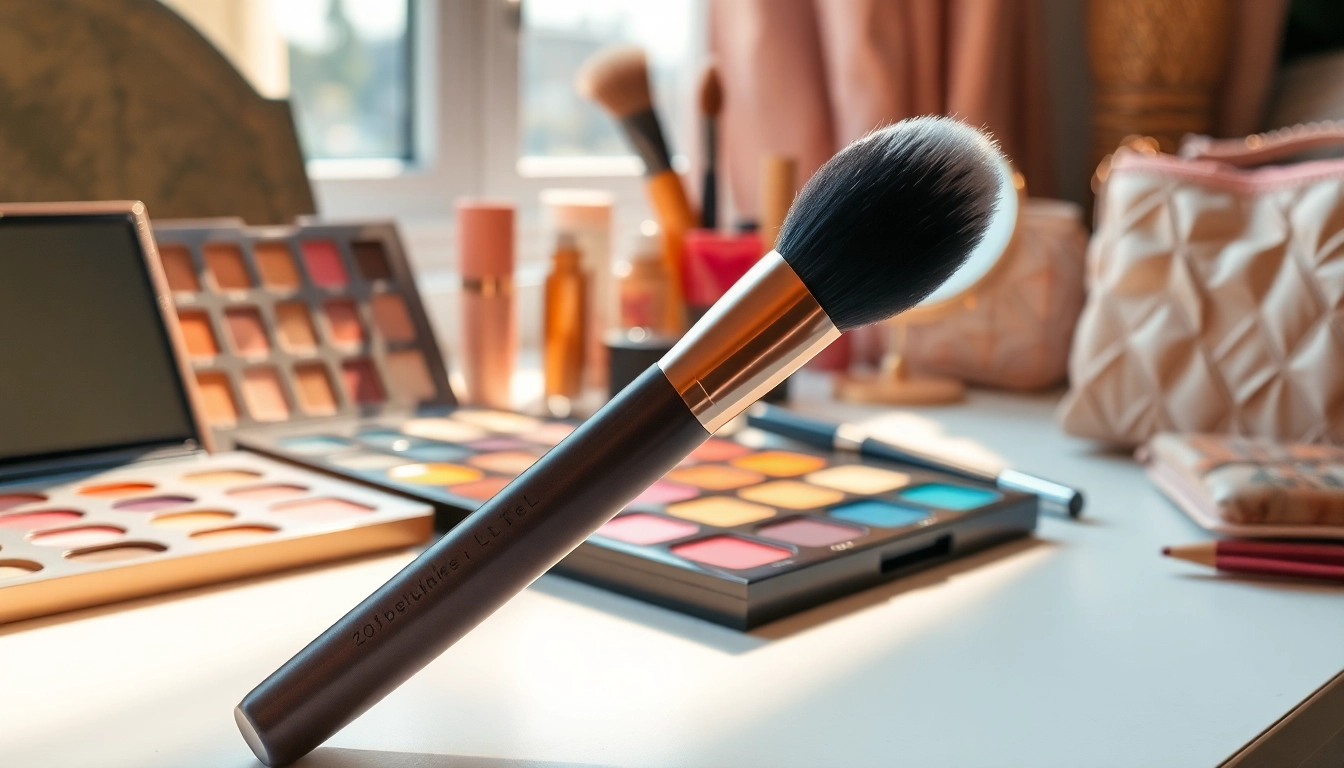 Apply makeup flawlessly with an angled makeup brush placed on a stylish vanity.