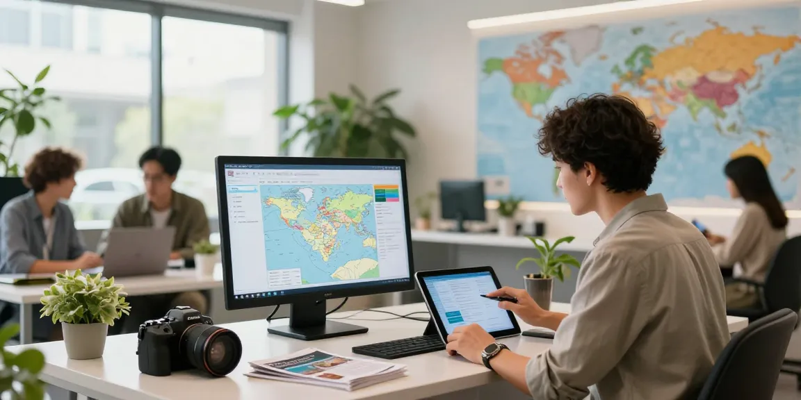 Travel advisor CRM office scene showcasing an interactive digital experience for clients.