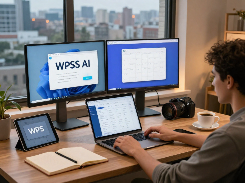 使用WPS中文办公软件下载的现代家庭办公室场景,专业人士在时尚桌面上工作,旁边有笔记本和高科技设备,氛围温暖。