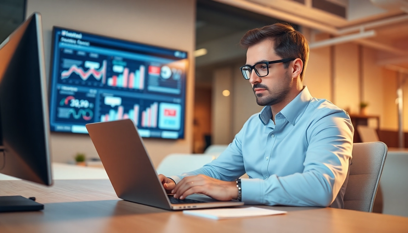 Marketing Consultant analyzing data in a modern office setting, showcasing professionalism.