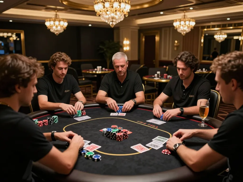 Players strategizing in a VIP poker room with TG88 atmosphere, premium chips and drinks visible.