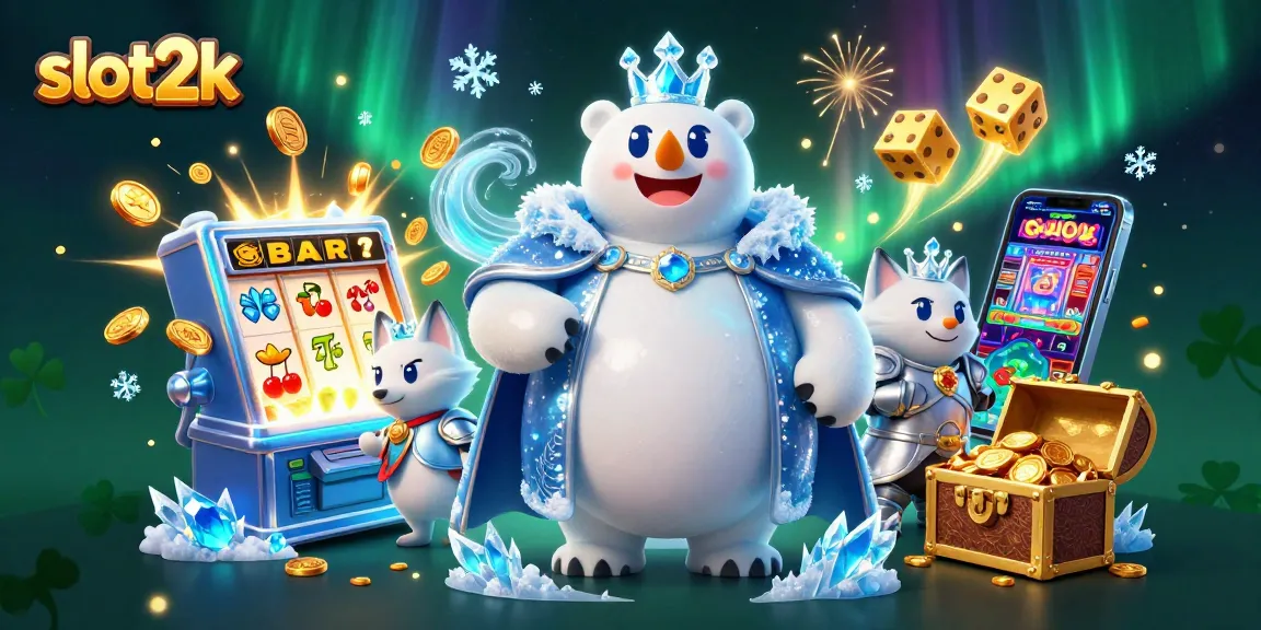 Witness an exciting slot2k gaming experience with dynamic characters and rich slot elements showcasing jackpots and winning symbols.
