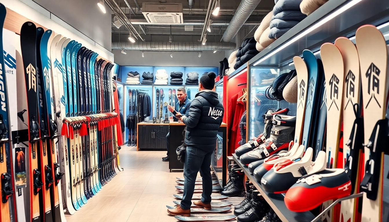 Ski shop showcasing a variety of high-quality gear, inviting atmosphere with friendly staff.