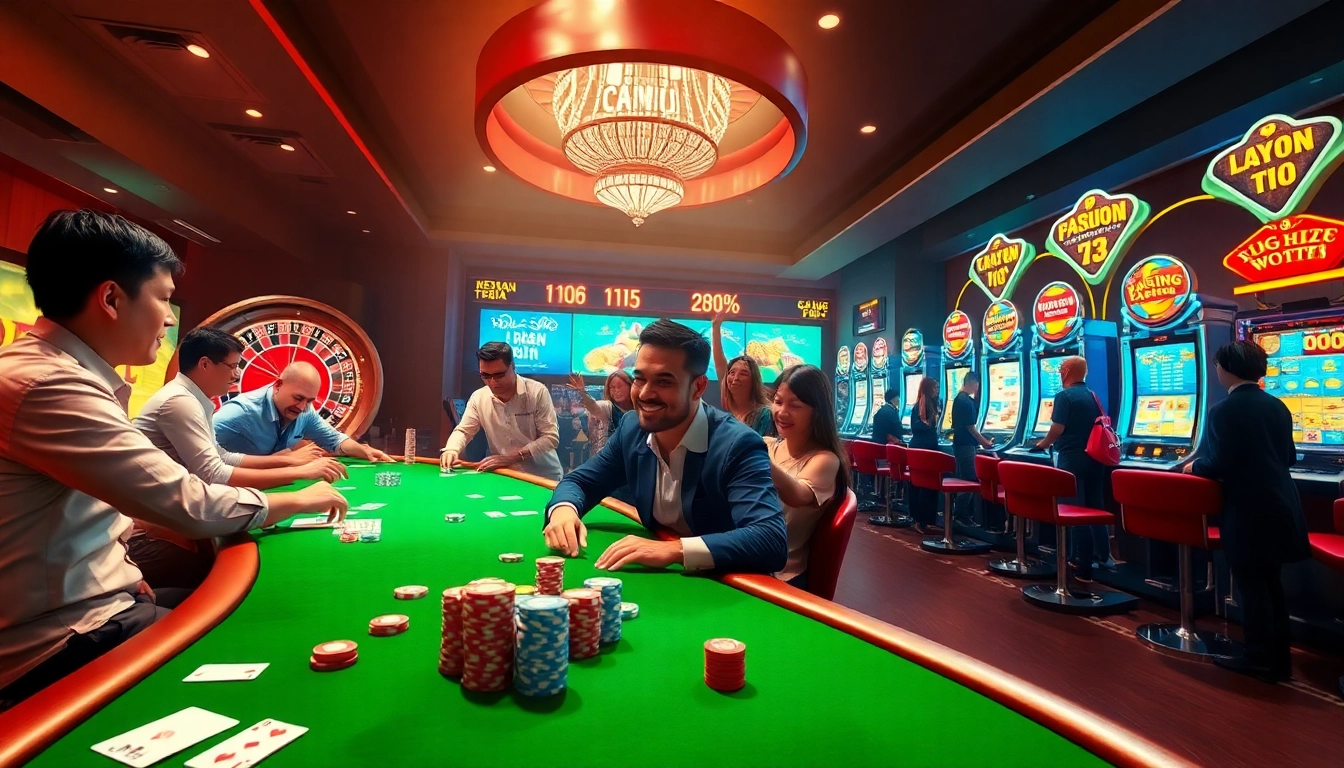 Casino scene depicting players at a poker table and colorful slot machines - KJC AC 2 excitement awaits!