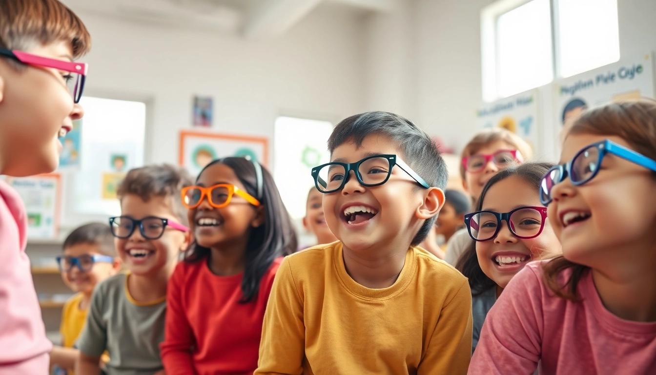 Highlighting Our Children's Vision, children joyfully learning about eye health in a vibrant classroom.