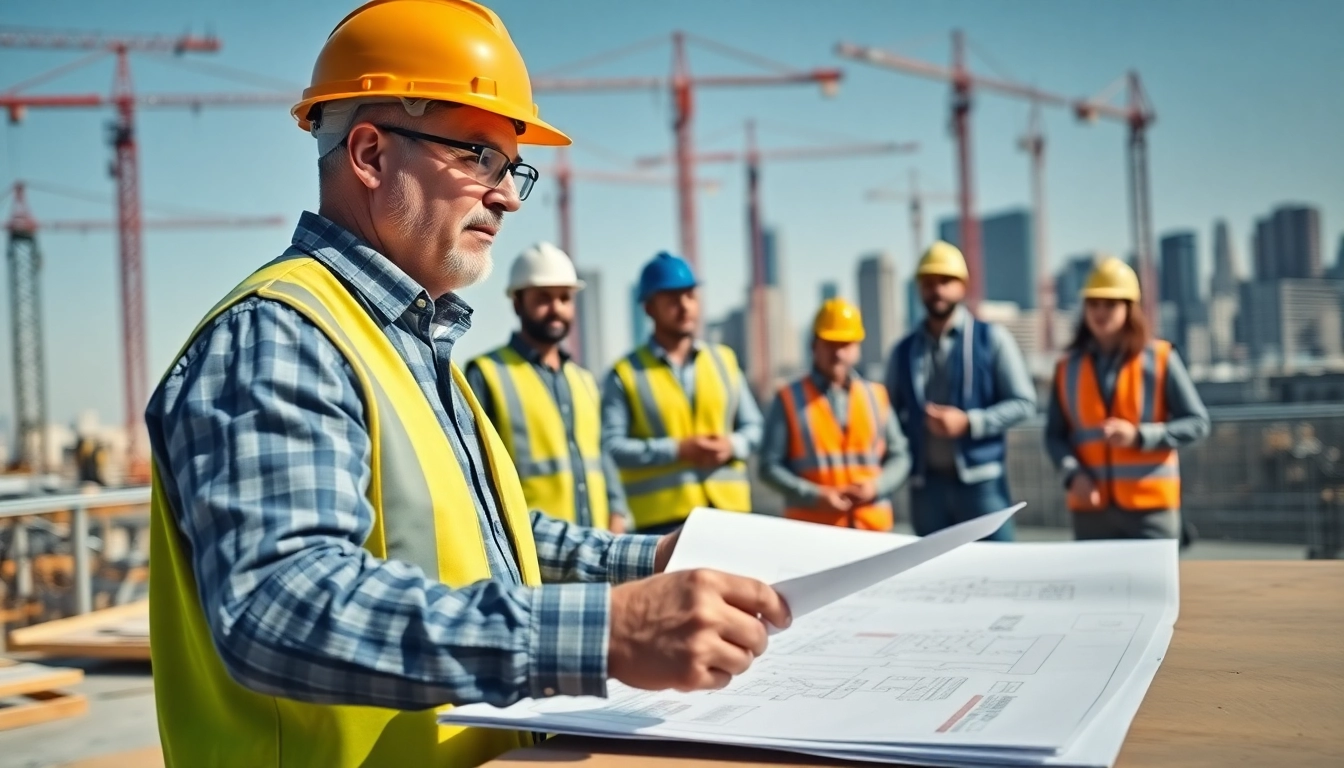 Engaged New York General Contractor instructing workers on a construction site with a focus on collaboration.