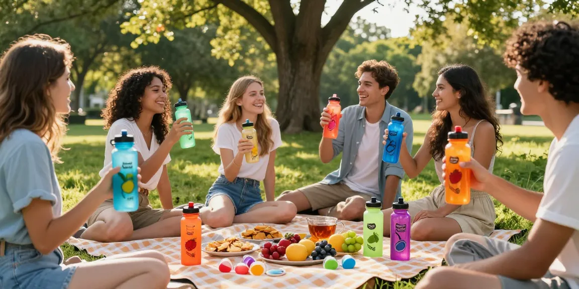 Friends enjoying refreshing water bottles with pods at a picnic.