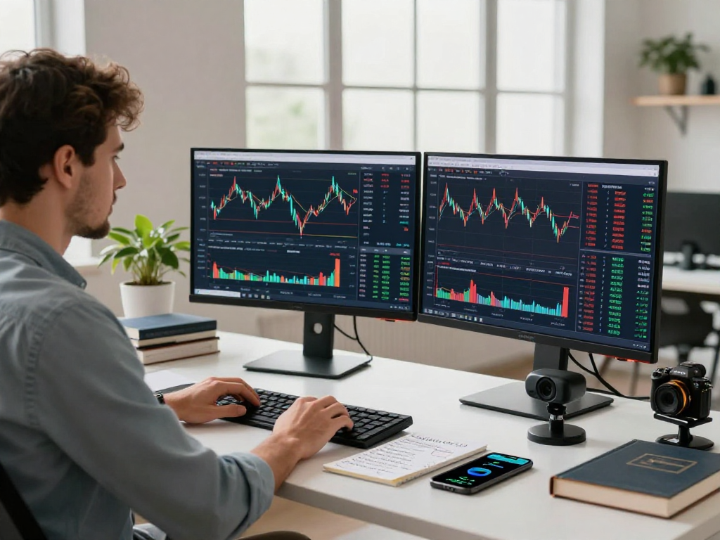 Financial analyst using TradingView for market analysis in a modern workspace