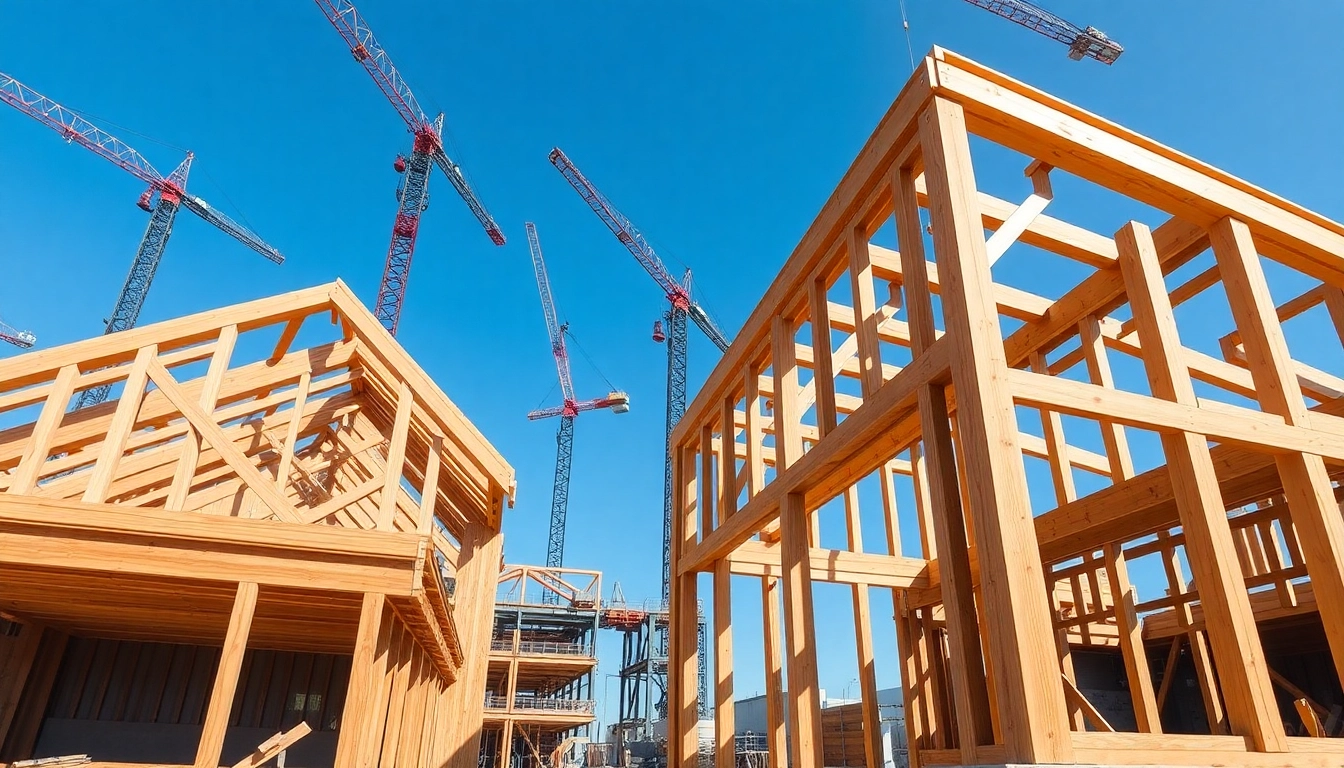 Showcasing timber frame solutions in a modern construction setting with meticulous craftsmanship.