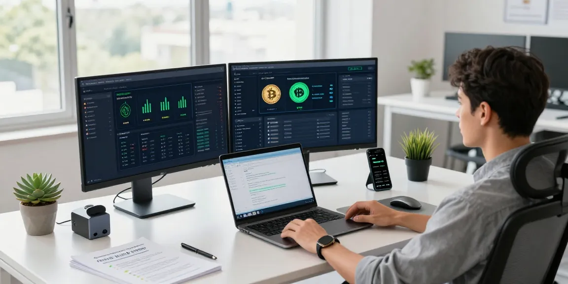 sustainable bitcoin mining workspace with crypto trading tools and renewable energy metrics