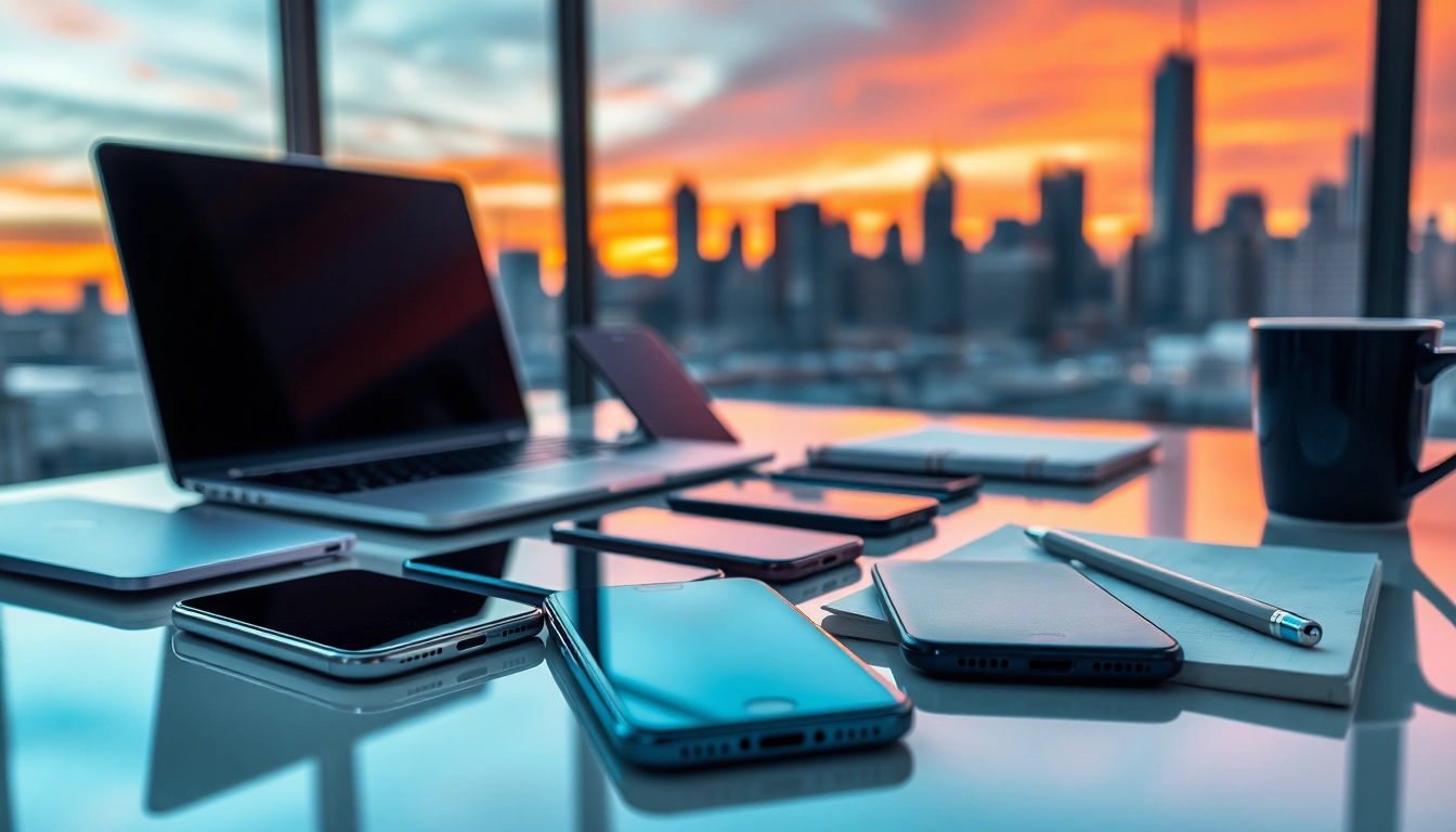 Sell your old phone in a modern workspace showcasing multiple devices for resale.