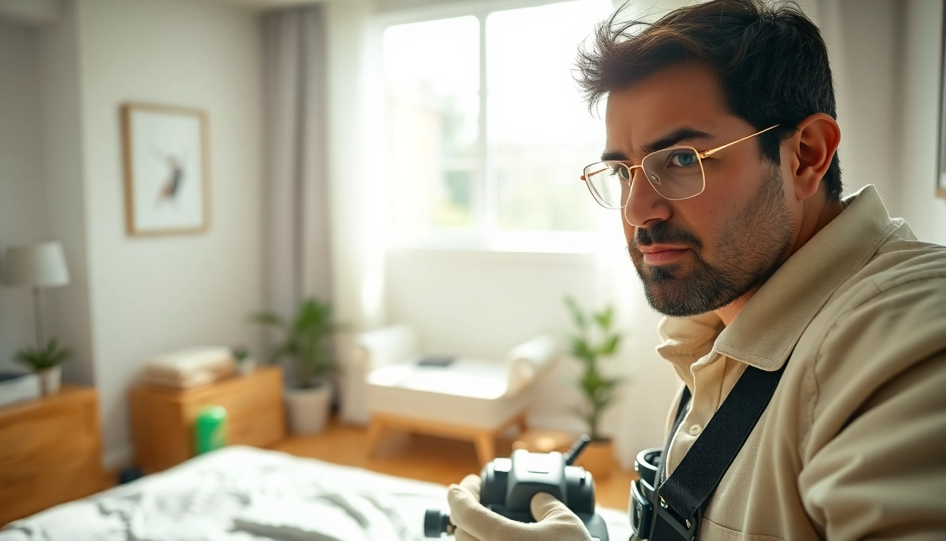 Bed bug exterminators actively treating a bedroom for bed bugs.