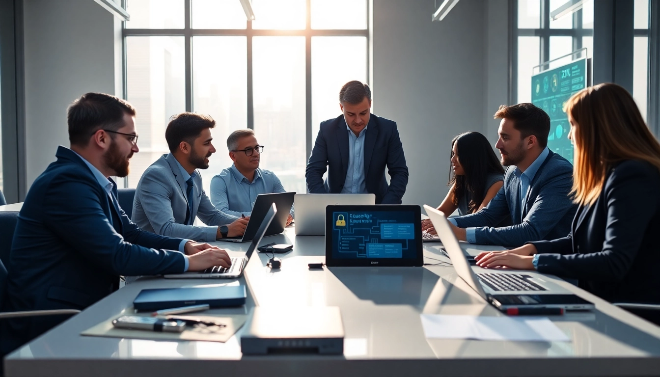 Cyberdan cybersecurity experts collaborating on digital security strategies in a modern office.