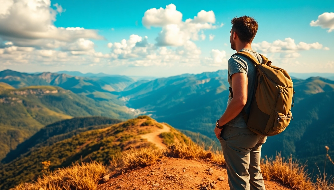 Capture the essence of adventure with a traveler gazing at breathtaking views at https://travelvixta.com.