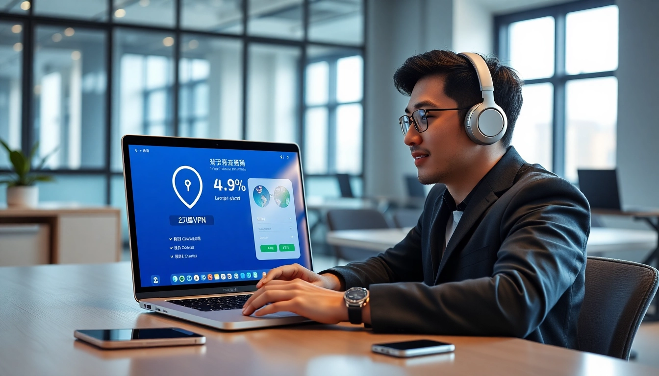 快连下载 interface displayed on a laptop in a modern office, showcasing seamless connection experience.